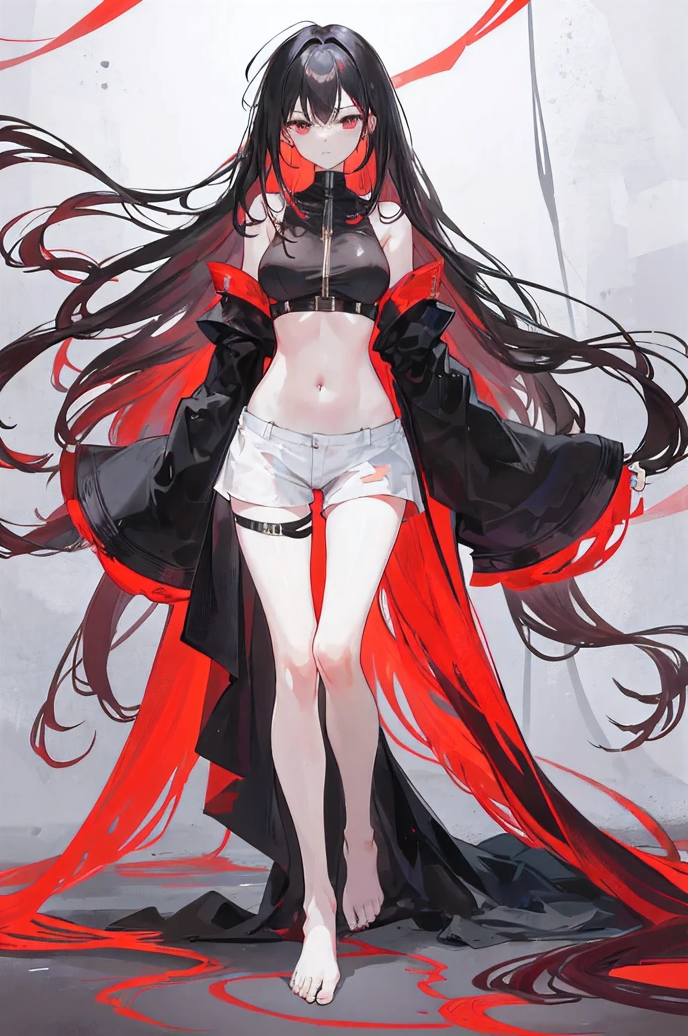 Red and black gradient hair,Asymmetrical hair,（（Hair is very thick 1.8，Clear head outline 1.6））， Hair over the shoulders, Messy hair, Very long hair, Shiny hair，(Long black hair with red inside:1.2),A beautiful girl，（Navel）Black shirt，shorts，Bare shoulders）(Separate sleeves,Wide sleeves),(Fingerless gloves)，（Transparent clothes transparent 1.8），Perfect body，Slender thighs，Slender，(Looks sad，Looks haggard ，Grief，shut your mouth：1.2） Against the backdrop of an unusually bright dark starry sky，（Put your hands behind you），（round,Room, Firm breasts），barefoot，float，water surface，（Long Law，Long Law，Long Law，Complete），，。