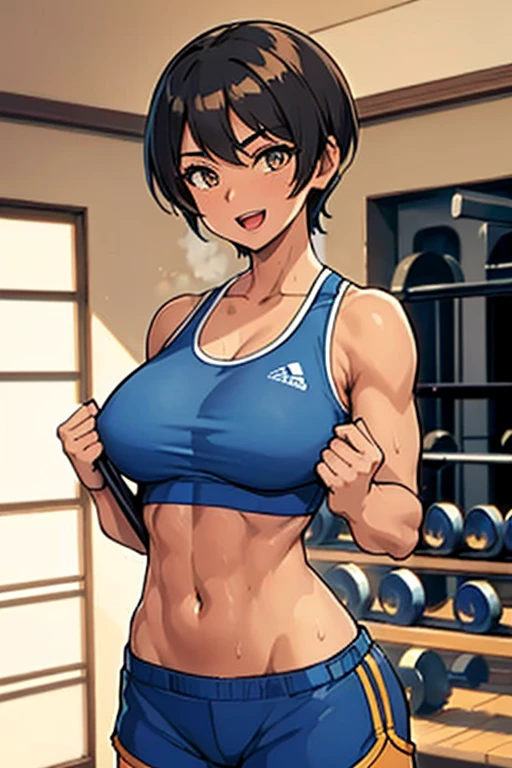 8K, (best quality, masterpiece:1.3), (detailed:1.2), 1girl, solo, ((26 year old, Filipino Woman, tanned bronze skin:1.02, short black hair:1.3, Detailed Amber eyes:1.03, Detailed face, medium breasts, narrow waist, wide hips, curvy (Wearing: Blue Sports bra, Blue Shorts:1.2)), (midriff), (agile physique:1.1), (Character Focus),Perfect Anatomy, Looking at Viewer. (Holding dumbbells in hands:1.2), The woman's skin is covered in sweat.(Ideal ratio body proportions:1.1), she's looking directly at the camera with a smile, open mouth. (Background: Indoors, Gym), full body,
