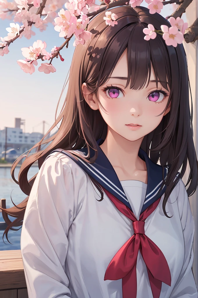 (One Girl), Great face and eyes, Pink Eyes, (Amazingly beautiful girl), (highest quality:1.4), (Super detailed), (Very detailed CG 統合 8k 壁紙), Very detailed, High resolution raw color photos, Professional photography, Sailor suit, , School, spring, cherry blossoms,