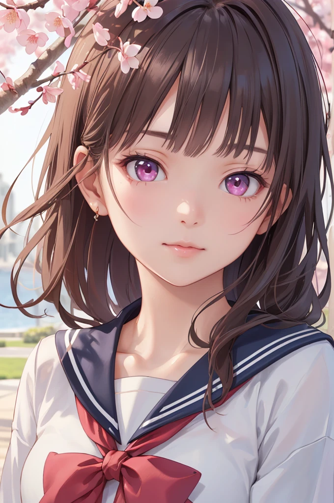 (One Girl), Great face and eyes, Pink Eyes, (Amazingly beautiful girl), (highest quality:1.4), (Super detailed), (Very detailed CG 統合 8k 壁紙), Very detailed, High resolution raw color photos, Professional photography, Sailor suit, , School, spring, cherry blossoms,