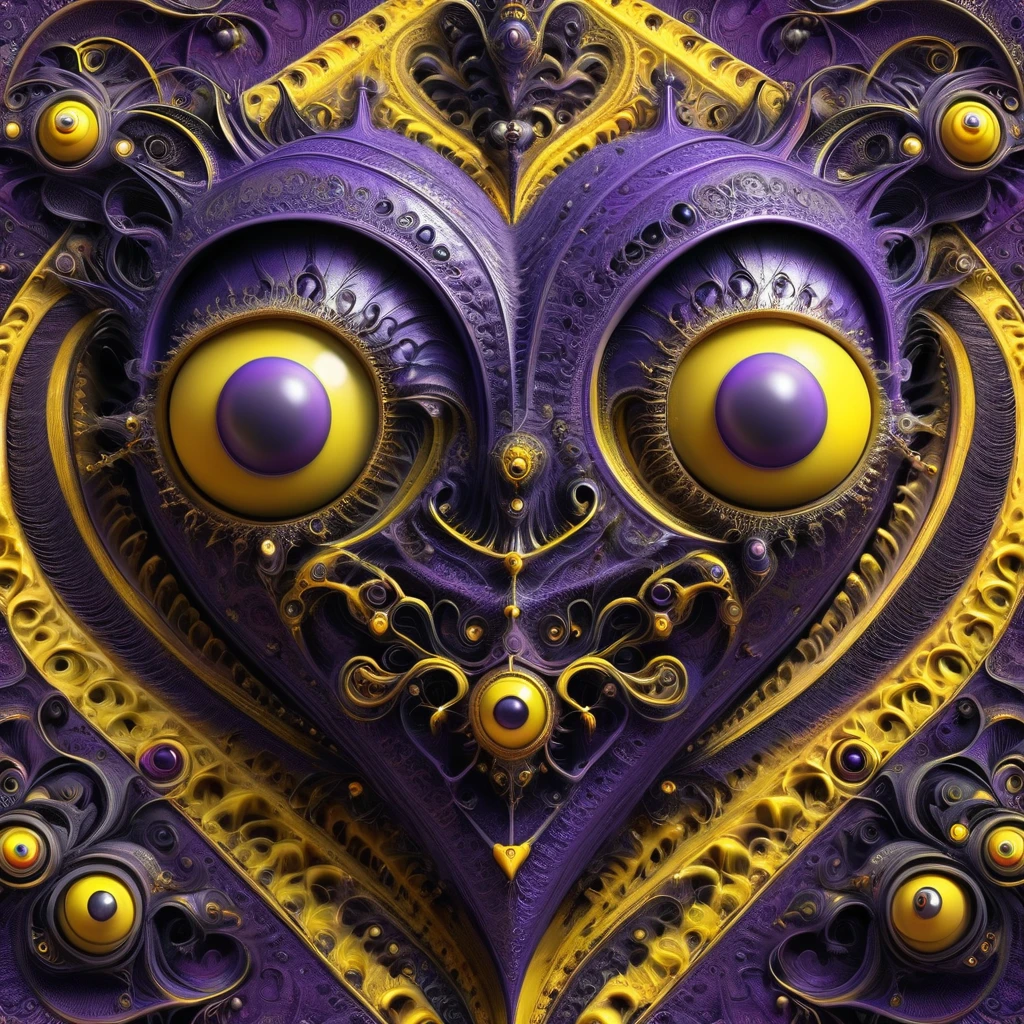 Gothic punk style , grandeur. abstract pattern on obsidian glass in which hearts eyes eyes fangs and smiles are subconsciously guessed , depth perception , perspective distortion , references to Rob Gonsalves and Roby Dwi Antono , masterpiece , octane rendering , purple yellow shadows. overdetailization

