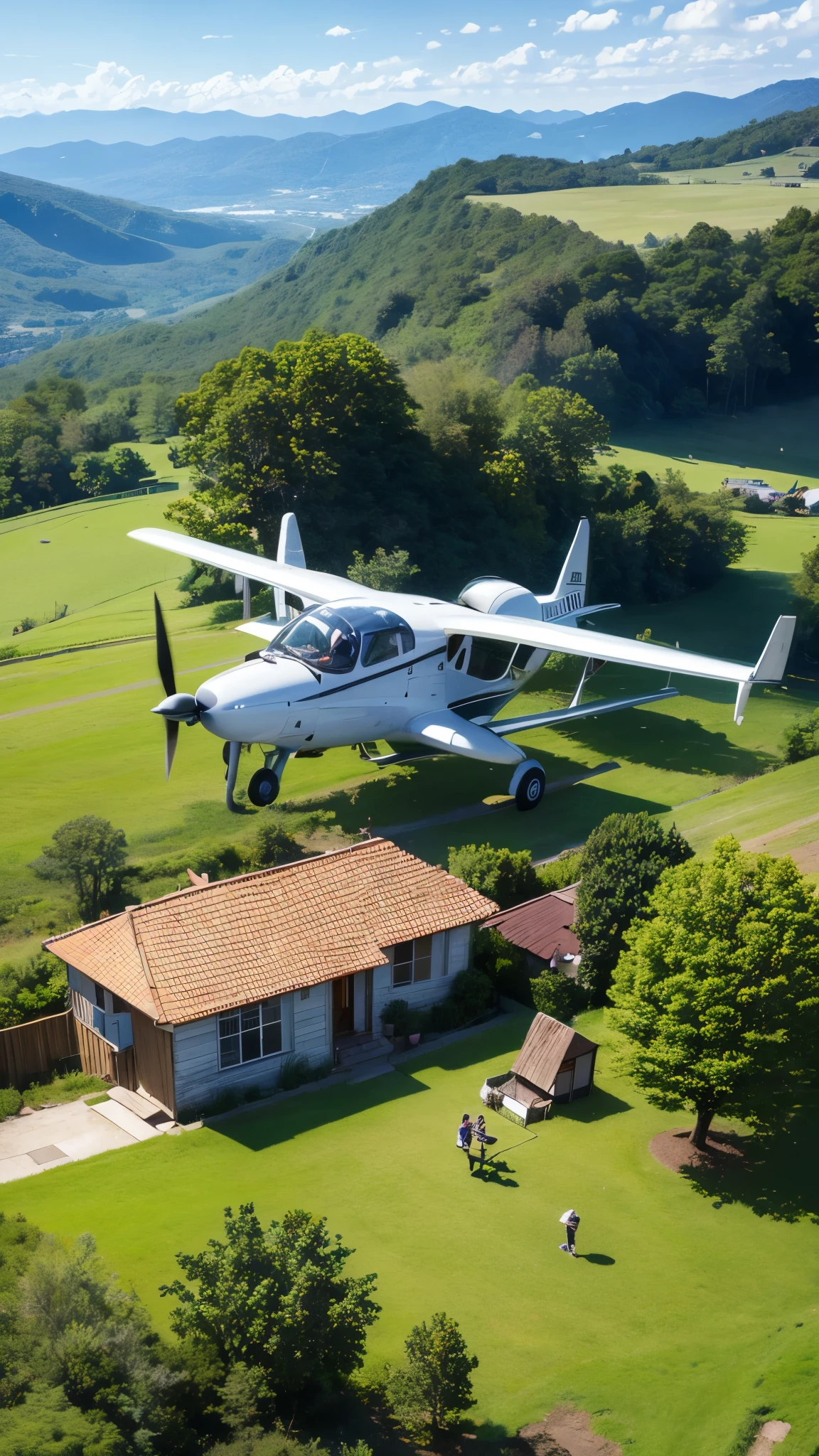 boy piloting a flying plane,A teenagetanding in front of a house looking up at the sky,A house deep in the mountains,grassland,Precision,high resolution,Real