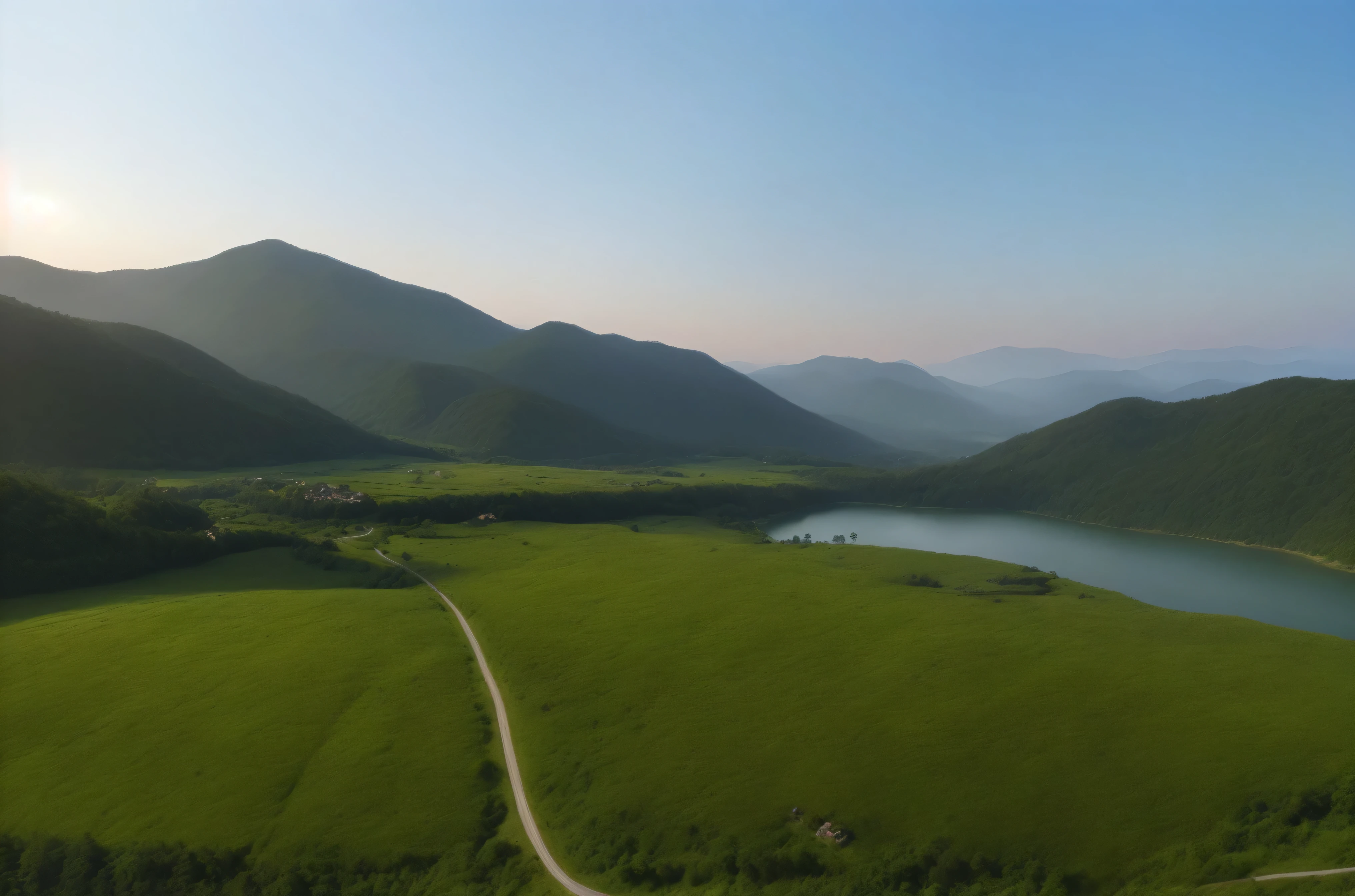 (best quality,4k,hdr),landscape,aerial view,overlooking the mountains,rich vegetation,lush greenery,forest-covered peaks,scenic winding path,drone perspective,drone photography,wide-angle shot