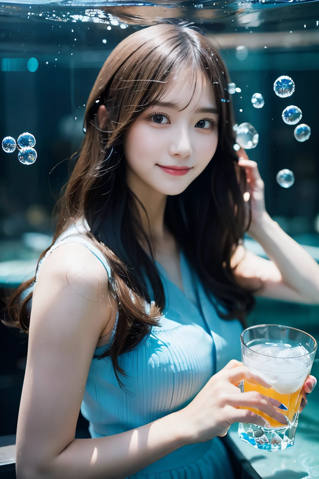 masterpiece , Realistic , High resolution, Girl holding a glass of blue water  , Water splashes on glass, Long Hair Girl, In the style of realism,  Gombi,  beautiful girl,  Simple Background, Lots of bubbles around ,