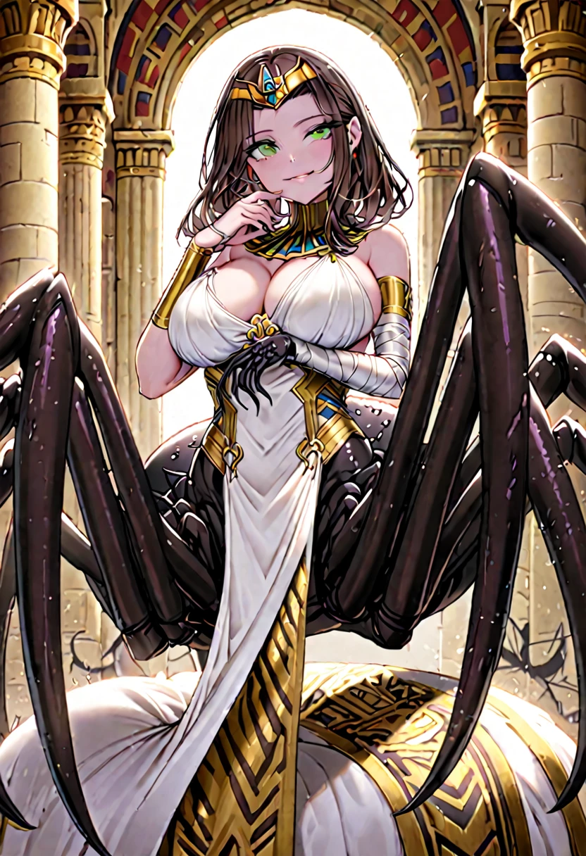 solo, female, sfw, medium shot, creamy skin, enigmatic smile, inviting gesture, red drapes, gold, luxury, silk, day, bandages, simply gown, white gown, palace, green eyes, brown hair, 8 eyes, black tarantula body, black spider legs, black spider body, large breasts, spider legs, brown hair, pedipalp, egyptian