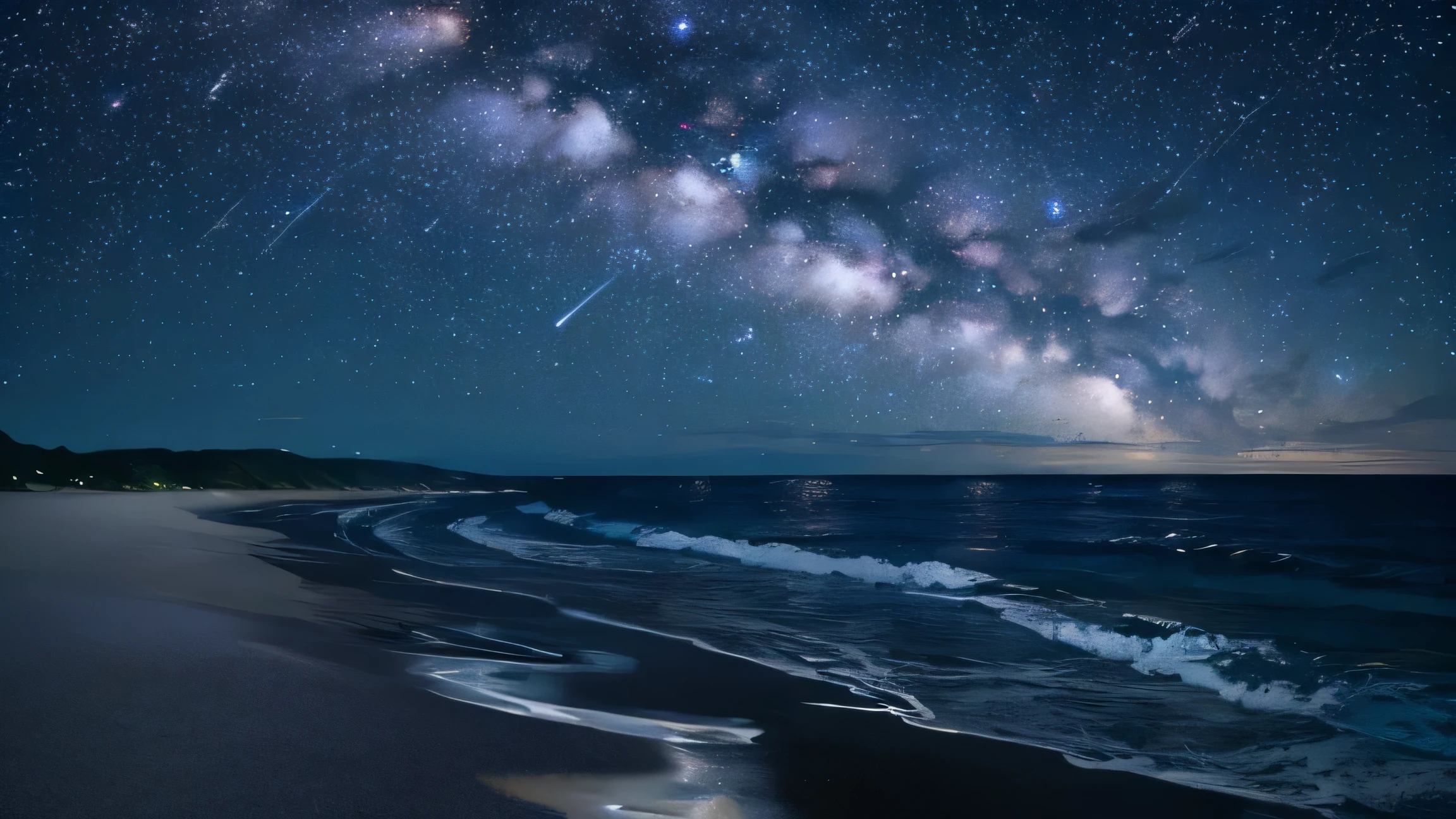 View of a beach with a body of water under the stars, Mikko Lagerstedt, night sea, The Tranquility of Infinite Stars, the night sky is a sea, ocean pattern and night sky, Beautiful dark beach landscape, interstellar night, Inspired by Michal Kalz, night sky reflected in the water, dark starry night, night sky photography, night
