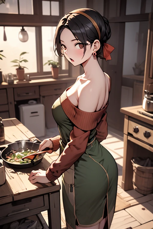 (from above:1.0),(from side:0.9),masterpiece, 1girl, Amazing Cleavage:1.1, thin waist, big ass, Raised sexy, small breast: 1.3, posed cleavage:1.2、solo, looking at viewer, open mouth, have a cute grass of cute beergrass,black hair, dark green eyes, dress, bare shoulders, jewelry, collarbone, sidelocks, hairband, earrings, indoors, off shoulder, :o, sweater, arms behind back, plant, short hair with long locks, gild hairband, off-shoulder dress, sweater dress, off-shoulder sweater, red sweater, dark gord hair, big side hair, very long side hair,is rendered in (masterpiece: 1.2, best quality), with (ultra high resolution) and an exquisite (depth of field). This masterpiece is not only visually stunning but also tells,A scene of cooking in the kitchen by classroom