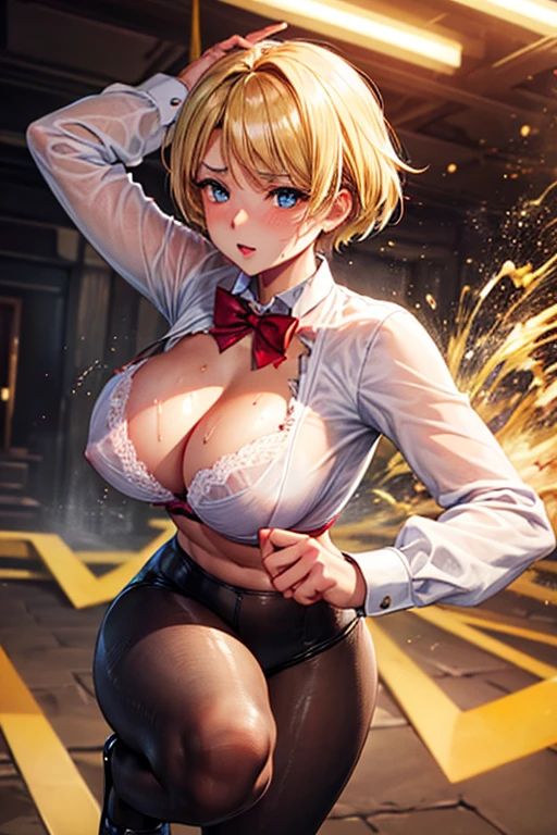 Browsing Caution, (Best image quality,highest quality,Highest Resolution, Ultra-Realistic Images,Very detailed,masterpiece),Blonde Short Hair,((Sticky with sweat)),Big Breasts, Erect nipples, White shirt,A bow tie,((Her shirt is torn, Showing off a flashy red bra)),Black slacks,Black leather shoes,Abdominal muscles, Camel Toe,blush, Eyes in Love, Dynamic pose ,Browsing Caution,