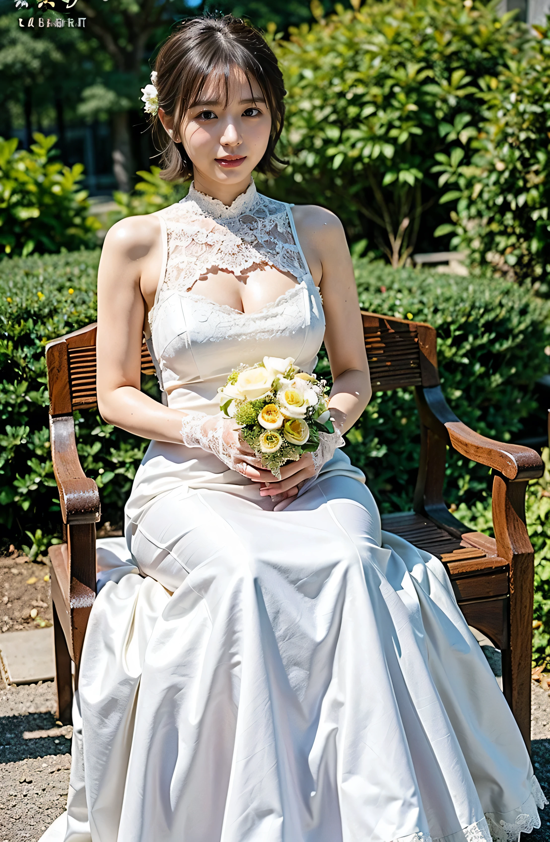 Wear white lace gloves、Big Smile、Holding a bouquet、A lovely smile、A luxurious white silk dress with lace、Stunning gardens、Colorful flowers々is blooming、White silk and shiny dress、A luxurious and elegant white wedding dress、Braided hair only for the bangs((wedding ceremony:1.4))、Full body photo、smile、 Caustics、Highly detailed photos、Very beautiful eyeedium Short Hair、Large Breasts、Super no makeup、(8k、RAW Photos、highest quality、masterpiece:1.2)、(Realistic、Realistic)、1 girl、((Medium Short Hair、Looking into the camera:1.4))、