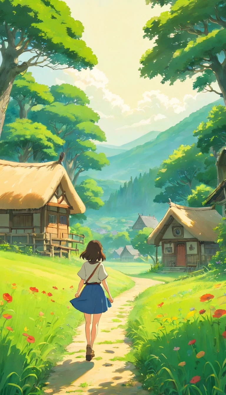1 Girl,Solo,field,A few huts and a row of trees, Short skirt, (Very detailed background:1.0), (Highly detailed background:1.0),
