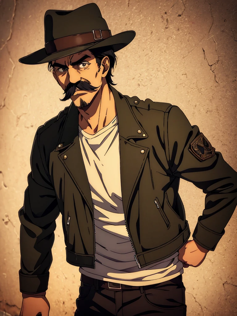 1man with mustache wearing koboy hat and wearing leather jacket