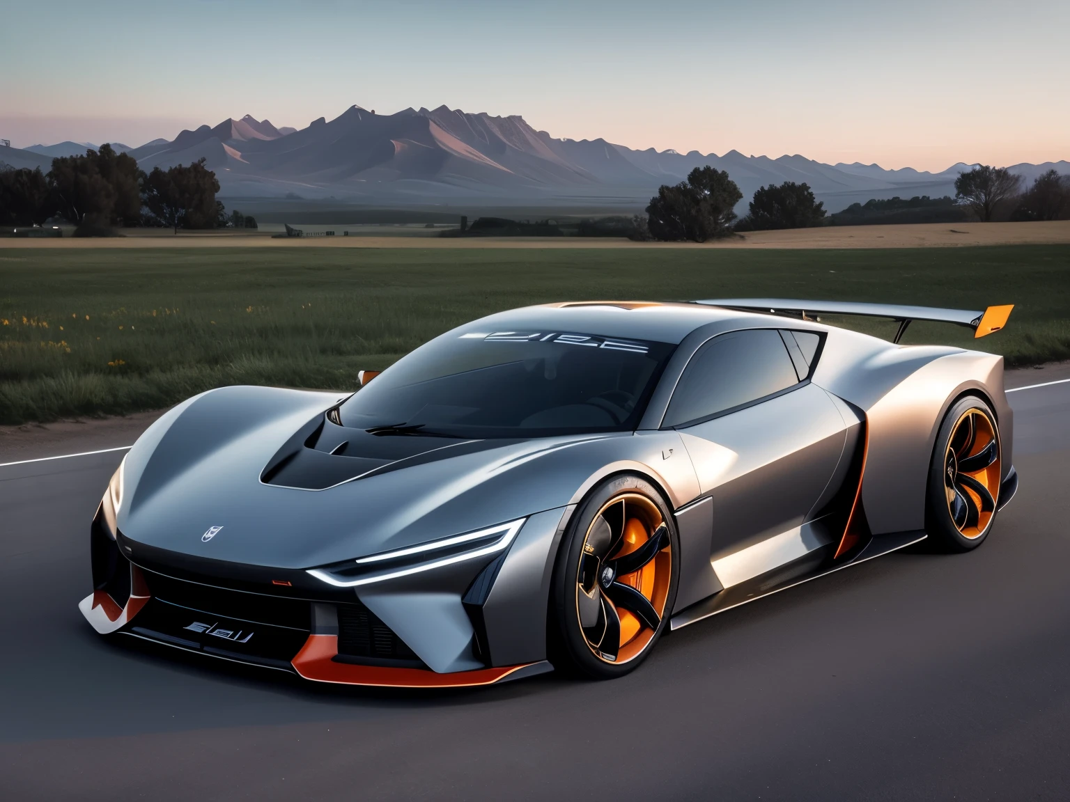 one car, concept car, concept design, super race car, in satin grey and copper colors, thin black wheels, a three-quarter view, best quality, realistic, modern city of background