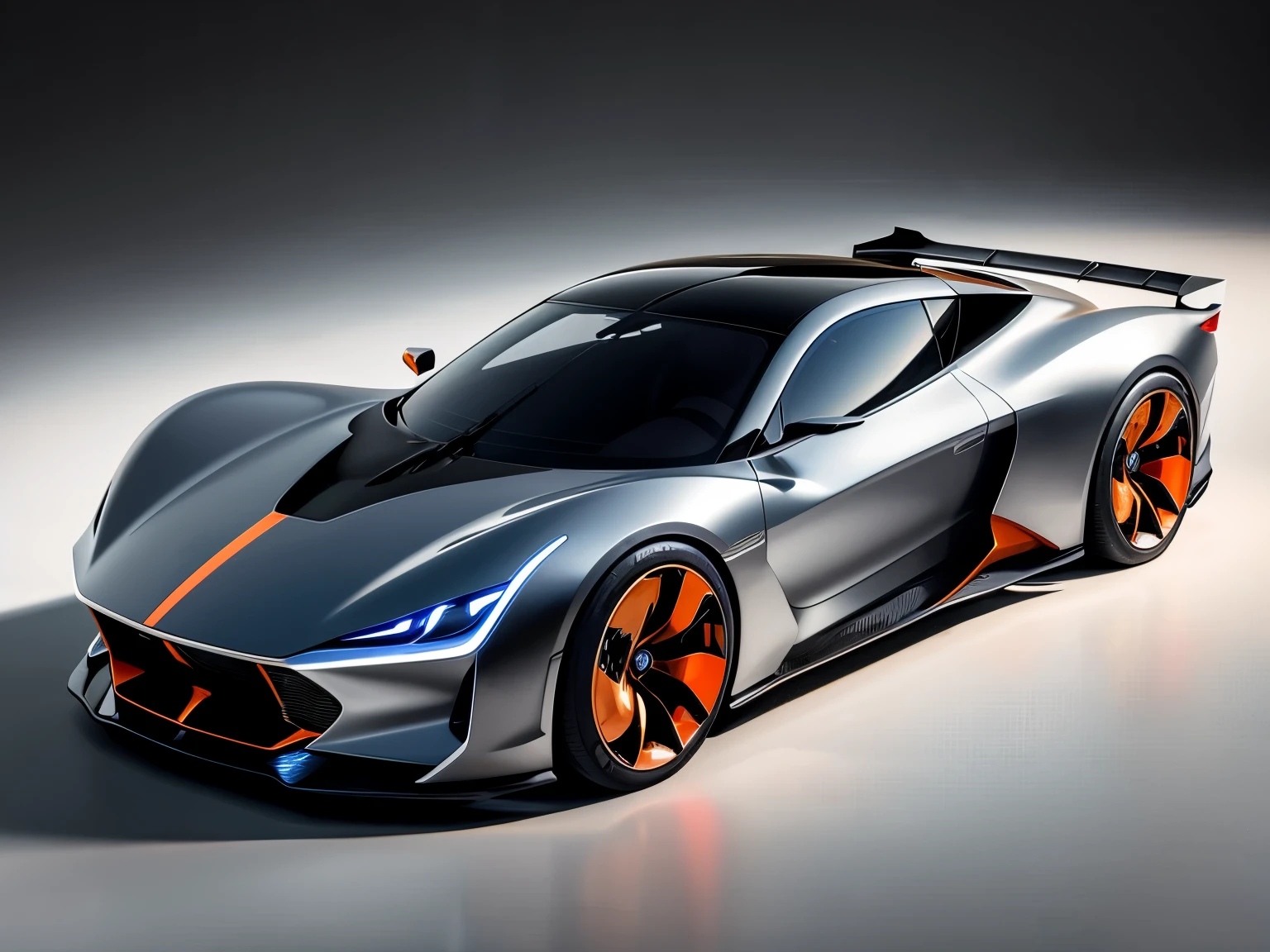 one car, concept car, concept design, super race car, in satin grey and copper colors, thin black wheels, a three-quarter view, best quality, realistic, modern city of background