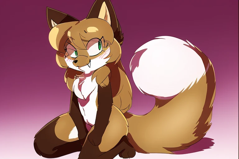Nervous smiling, uploaded the e621, beautiful and detailed, woman (((female))) ((anthro)) Fox, (Averi, Fox girl), cinematic lighting, Fox, (anthro, fluffy fur, character focus:1.1), 1girl, anthro fox girl, body fur, curvy, sexy, nice, cute, hot, comfortable anime-style cartoon-style, digital drawing, (half-closed eyes), green eyes, crouching, smug, sassy, fangs, sassy hips, simple background, raised tail, long tail, pussy, presenting pussy, looking at viewer
