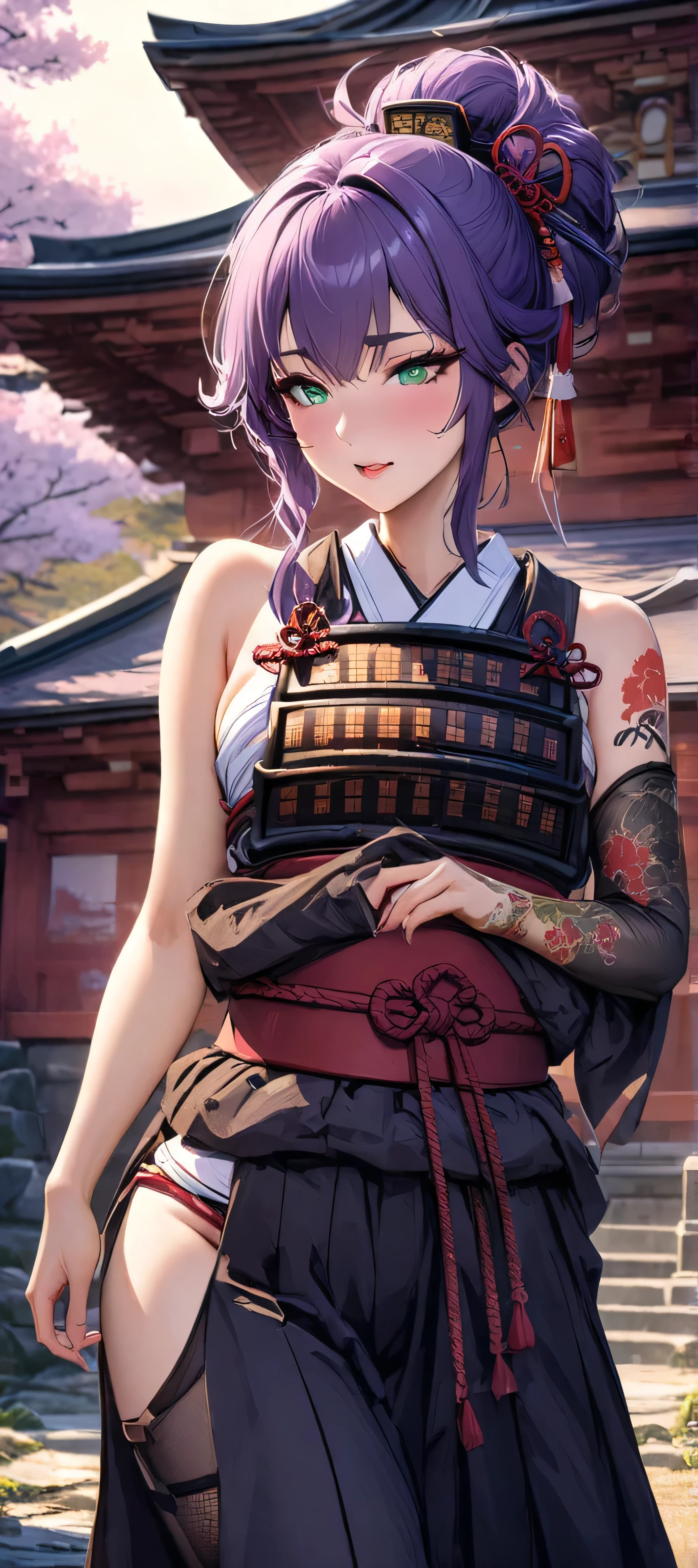 one arafed woman with purple hair and green eyes, japanese tattoo sleeve on her right arm, samurai armor, sfw, japanese temple