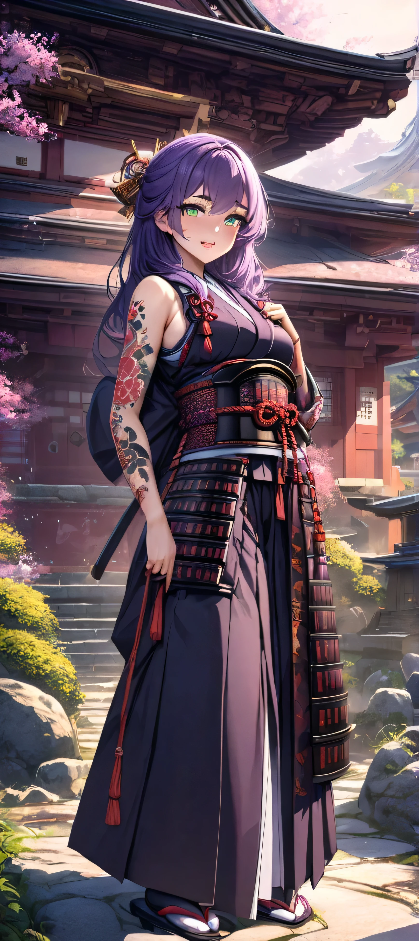 one arafed woman with purple hair and green eyes, japanese tattoo sleeve on her right arm, samurai armor, sfw, japanese temple