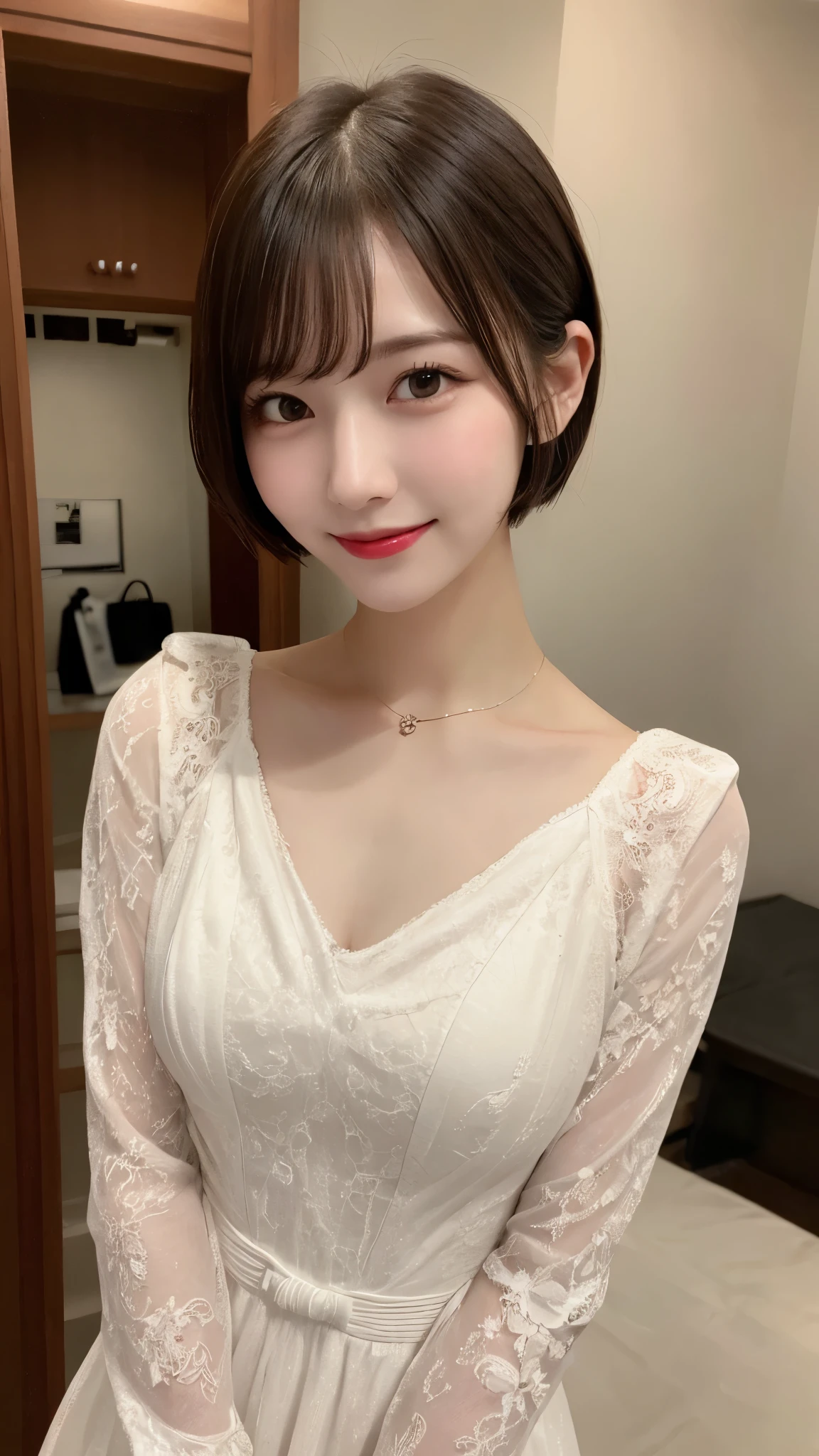 highest quality, shape, Very detailed, In detail, High resolution, 8k wallpaper, Perfect dynamic composition, Beautiful details, dress,(Very short hair), Center of chest, Natural color lip, Random sexy poses,smile,Woman with perfect body