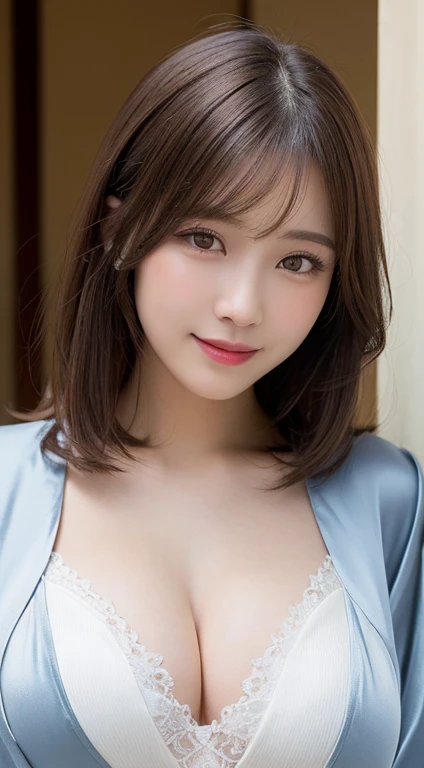 (8K, Raw photo, Photorealistic:1.25), Best Quality, Illustration, Ultra-detailed, delicate detail, hight resolution, , Perfect dynamic composition, Beautiful detailed eyes, Natural Lip, (((kimono))), (((Huge breasts :1.2))),(((dazzling white skin))),up of face,,Natural Color Lip,Kamimei、20 years girl、1 persons、Transparent skin、Glowing hair, Best Quality, Ultra-detailed, finely detail, hight resolution, The correct state of the human body、Hair soaring in the wind、((Colossal tits)) ，((gigantic cleavage breasts)),,(((silky brown medium hair))),Breasts overflowing from clothes,Angle from the upper part of the chest,Smile、wind blown hair、frontage