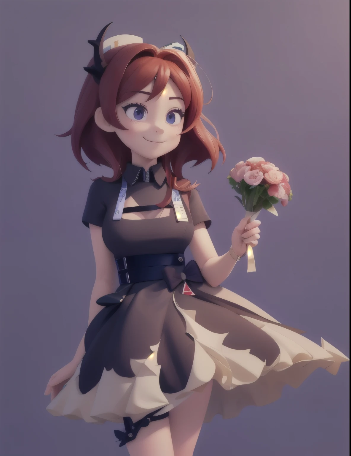 (masterpiece:1.2, highest quality), (Very detailed:1.3),
One Woman, Little, alone, smile, Gentle expression,Holding a bouquet,Nurse-like outfit, Are standing, Simple Background,