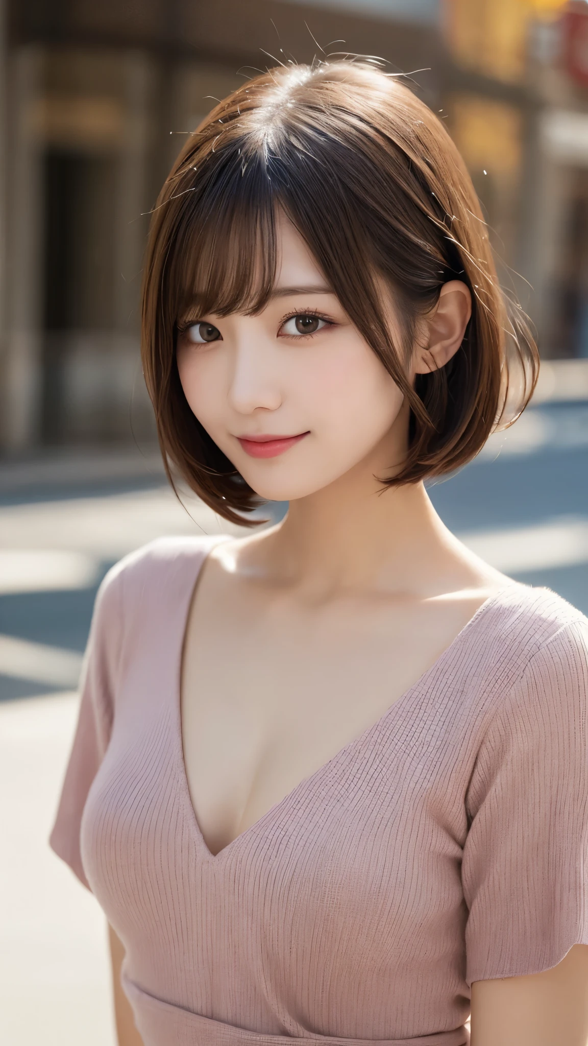 highest quality, shape, Very detailed, In detail, High resolution, 8k wallpaper, Perfect dynamic composition, Beautiful details, dress,(Very short hair), Center of chest, Natural color lip, Random sexy poses,smile,Woman with perfect body