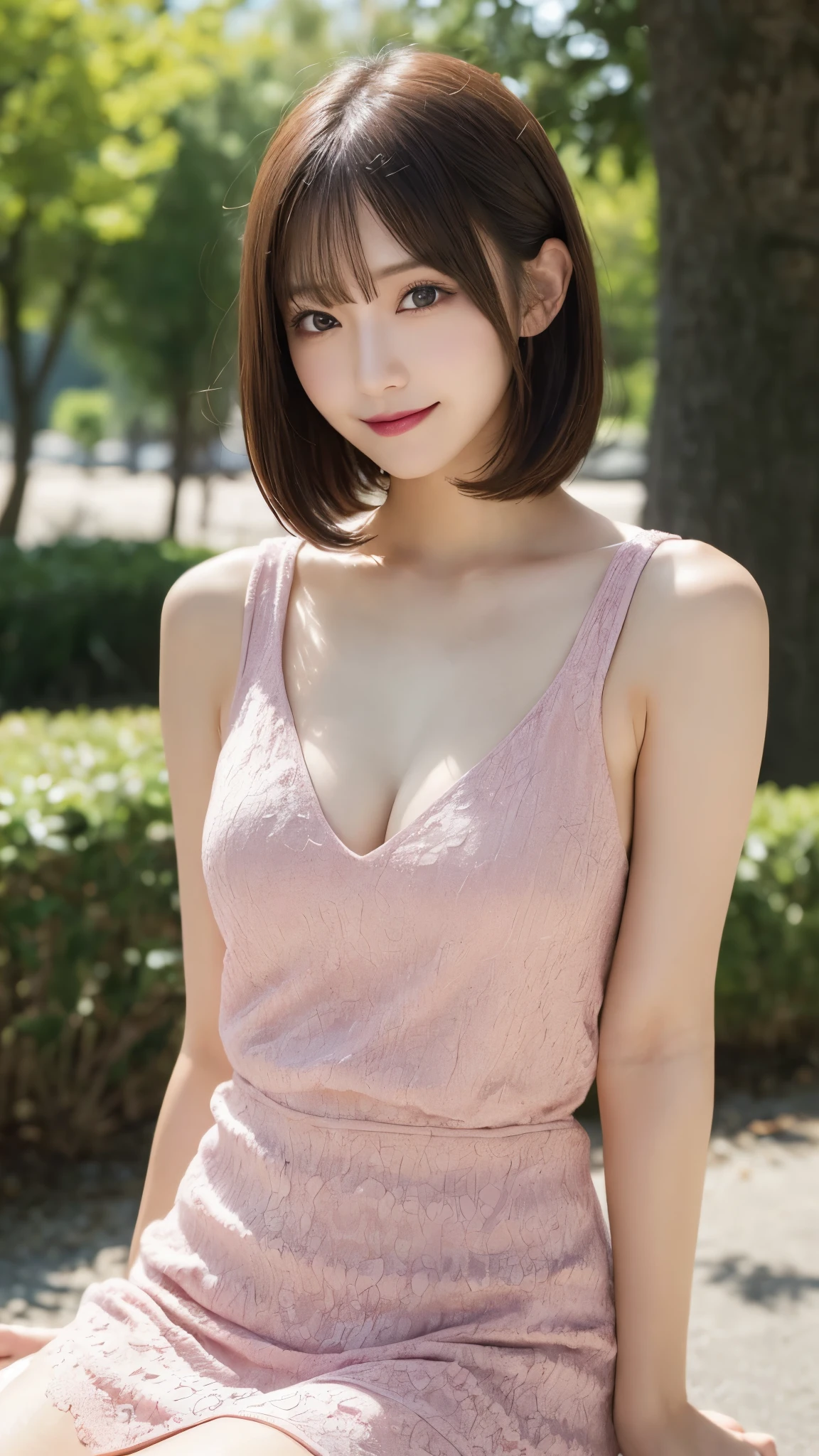 highest quality, shape, Very detailed, In detail, High resolution, 8k wallpaper, Perfect dynamic composition, Beautiful details, dress,(Very short hair), Center of chest, Natural color lip, Random sexy poses,smile,Woman with perfect body