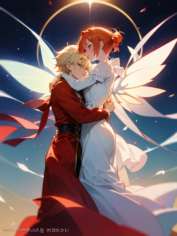 anime couple hugging each other in a hug, high quality fanart, high quality anime art, seven deadly sins anime, looking like annie leonhart, annie leonhart, high quality anime artstyle, key anime art, anime poster, fate stay night, trigger anime artstyle, trending anime art, anime arts, vergil, puce and vermillion, remove watermark, girl in white dress with fairy wings, , ban in red dress and elaine in white dress