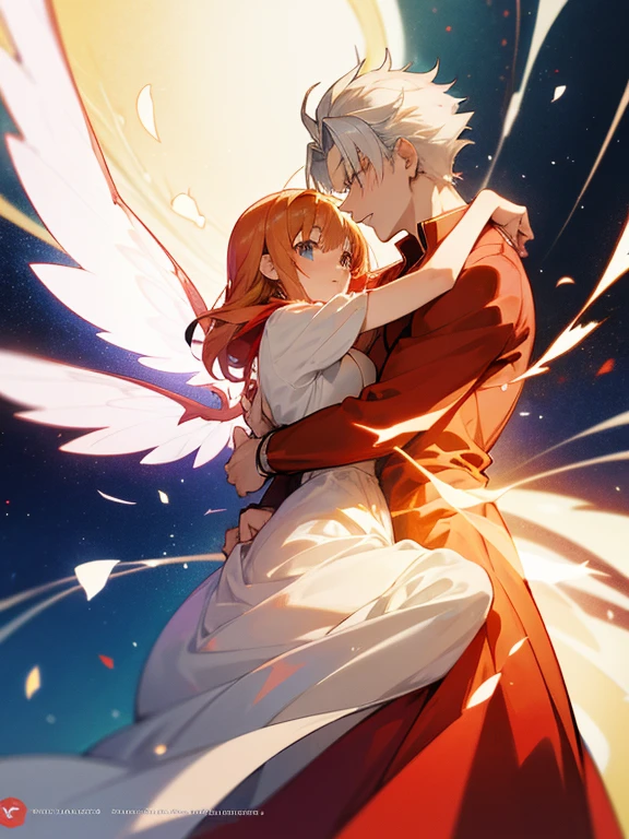 anime couple hugging each other in a hug, high quality fanart, high quality anime art, seven deadly sins anime, looking like annie leonhart, annie leonhart, high quality anime artstyle, key anime art, anime poster, fate stay night, trigger anime artstyle, trending anime art, anime arts, vergil, puce and vermillion, remove watermark, girl in white dress with fairy wings, , ban in red dress and elaine in white dress