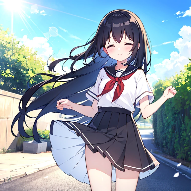 absurderes, hight resolution, (Anime style:1.1), ((masutepiece)), ((Best Quality)), (Ultra-detailed), (Beautiful), solo, Beautiful face、(liftup),Cute  standing on the street in Mediterranean port city,Wind,of shiny pale black hair, Colorful eyes,Cute summer sexy clothes,Blue sky,Closed eyes,Looking at Viewer,Lens Flare,Dramatic, Coastal、(The skirt flutters in the wind:1.3)、A smile