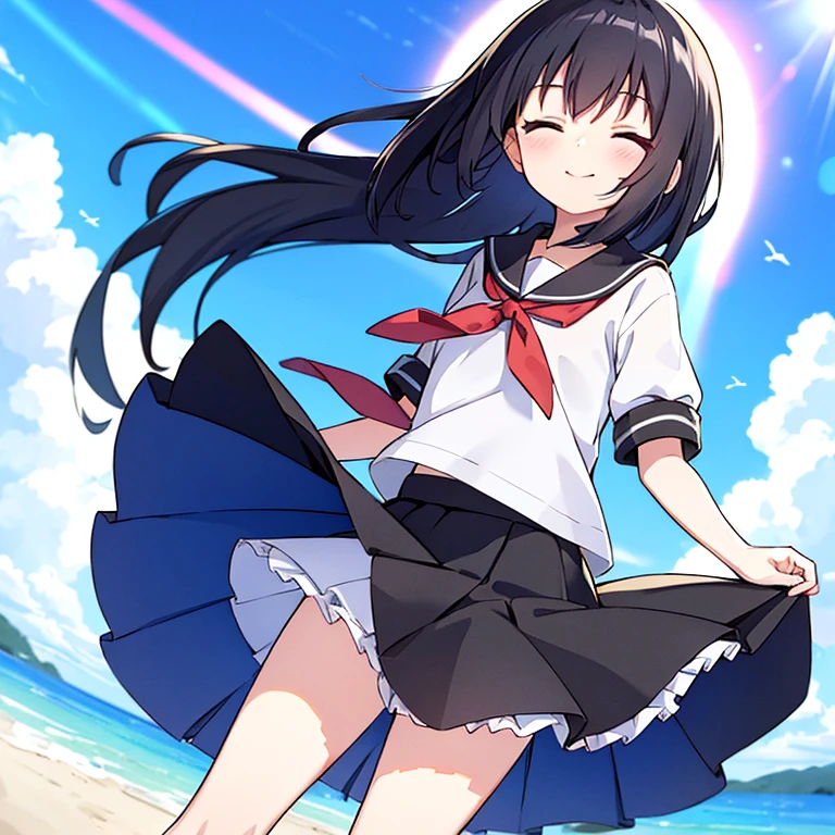 absurderes, hight resolution, (Anime style:1.1), ((masutepiece)), ((Best Quality)), (Ultra-detailed), (Beautiful), solo, Beautiful face、(liftup),Cute standing on the street in Mediterranean port city,Wind,of shiny pale black hair, Colorful eyes,Cute summer sexy clothes,Blue sky,Closed eyes,Looking at Viewer,Lens Flare,Dramatic, Coastal、(The skirt flutters in the wind:1.3)、A smile