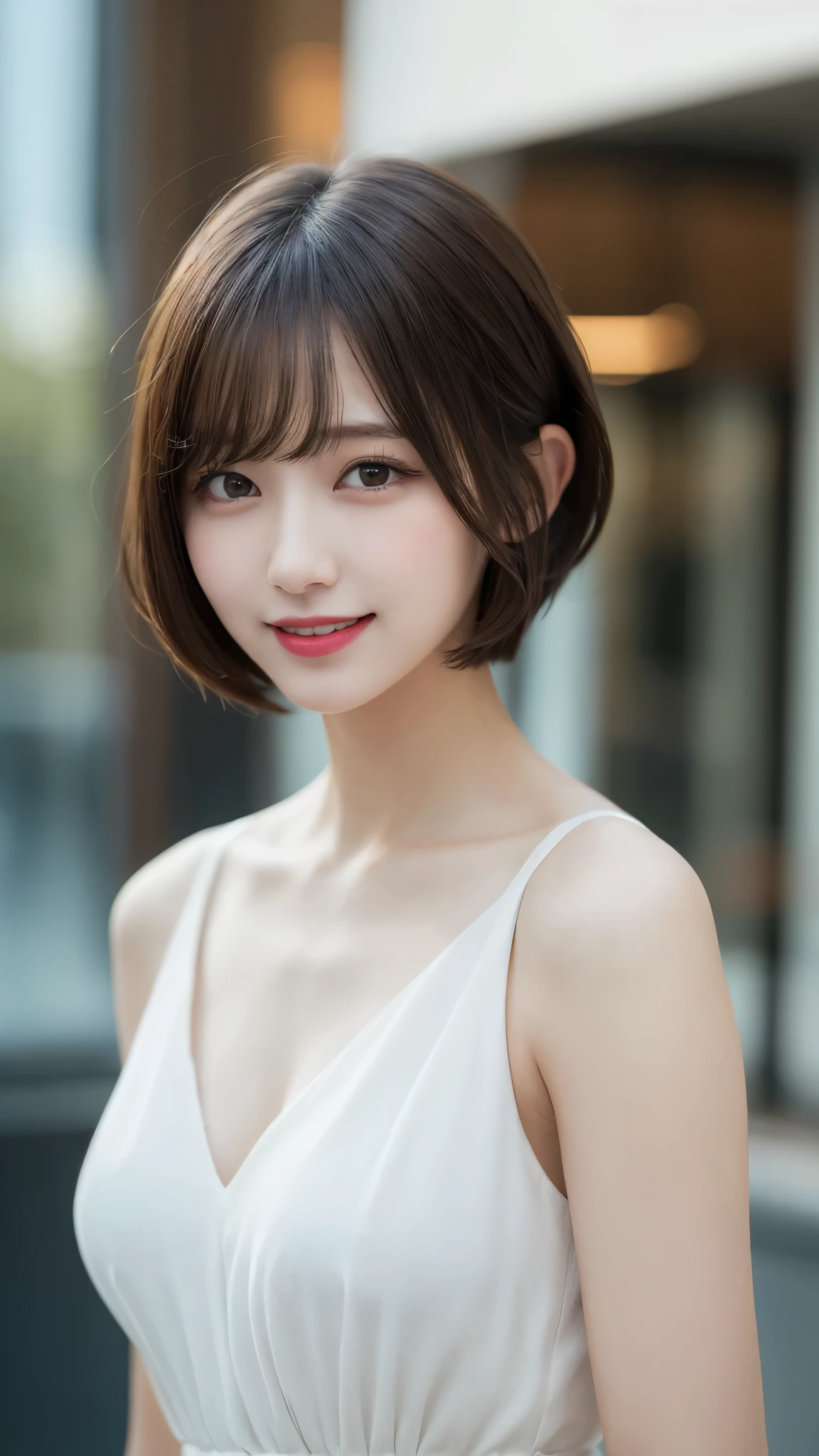 highest quality, shape, Very detailed, In detail, High resolution, 8k wallpaper, Perfect dynamic composition, Beautiful details, dress,(Very short hair), Center of chest, Natural color lip, Random sexy poses,smile,Woman with perfect body