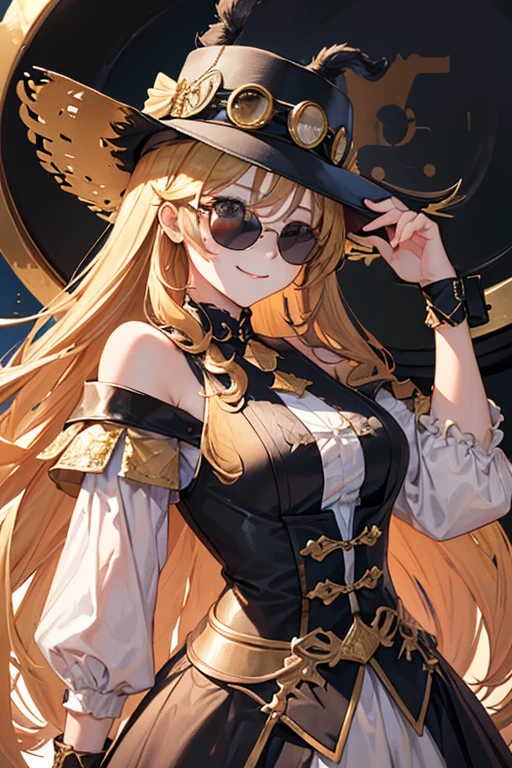 (hyper detailed background, top-quality、4K、Wear a big hat、Golden hair、Wear sunglasses、Touch your black sunglasses with your right hand、Face up、solo、Upper Body Up、A smile、Clean face、perfect hand、Looking at the camera、Market Background