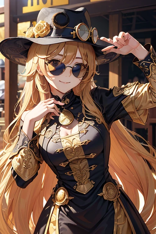(hyper detailed background, top-quality、4K、Wear a big hat、Golden hair、Wear sunglasses、Touch your black sunglasses with your right hand、Face up、solo、Upper Body Up、A smile、Clean face、perfect hand、Looking at the camera、Market Background