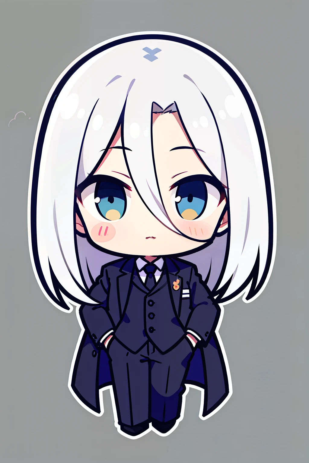 Q version, Cartoon,37 hair style,Silver-white hair color,Male alone,White suit,Black plaid jacket,Two heads,Hands in trouser pockets,Big Head,Middle parting hairstyle。