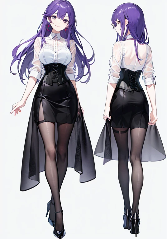 Purple hair,voluminous long hair,Adult female,(suit),See-through shirt,See-through tops,((Roll up your sleeves)),(Corset),(Tight skirt),(high heels),The heel is visible,((Simple background)),Smile,((Full body)),((whole body)),Character Sheet,