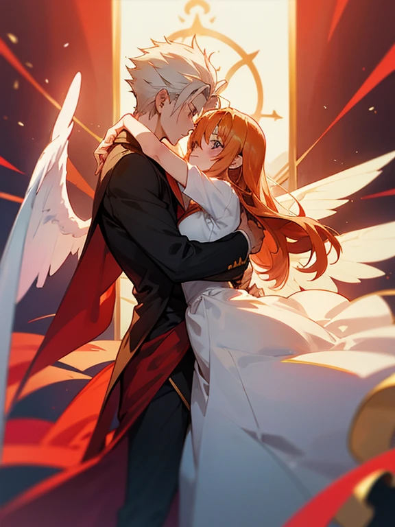 anime couple hugging each other in a hug, high quality fanart, high quality anime art, seven deadly sins anime, looking like annie leonhart, annie leonhart, high quality anime artstyle, key anime art, anime poster, fate stay night, trigger anime artstyle, trending anime art, anime arts, vergil, puce and vermillion, remove watermark, elaine in white dress with fairy wings, , ban in red dress and elaine in white dress, longer hair