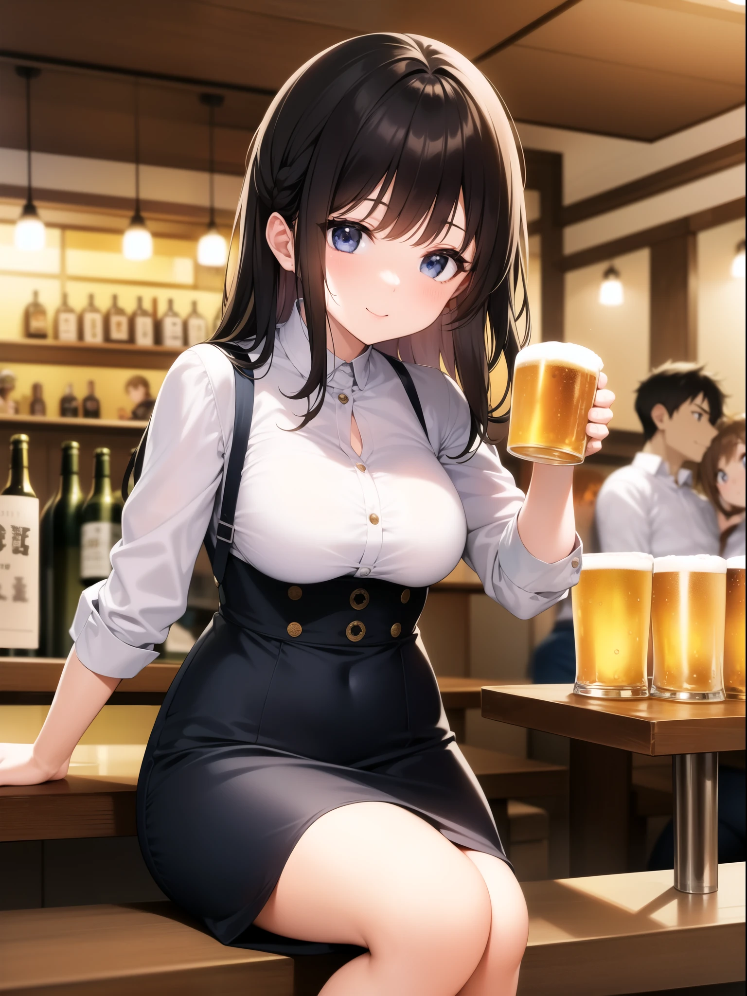 Young woman drinking beer from a mug at a pub。The woman is wearing a white blouse、Hair style with bangs。He is drinking beer and looking happy.。Other guests are sitting in the background.、You can feel the atmosphere of a lively izakaya.。