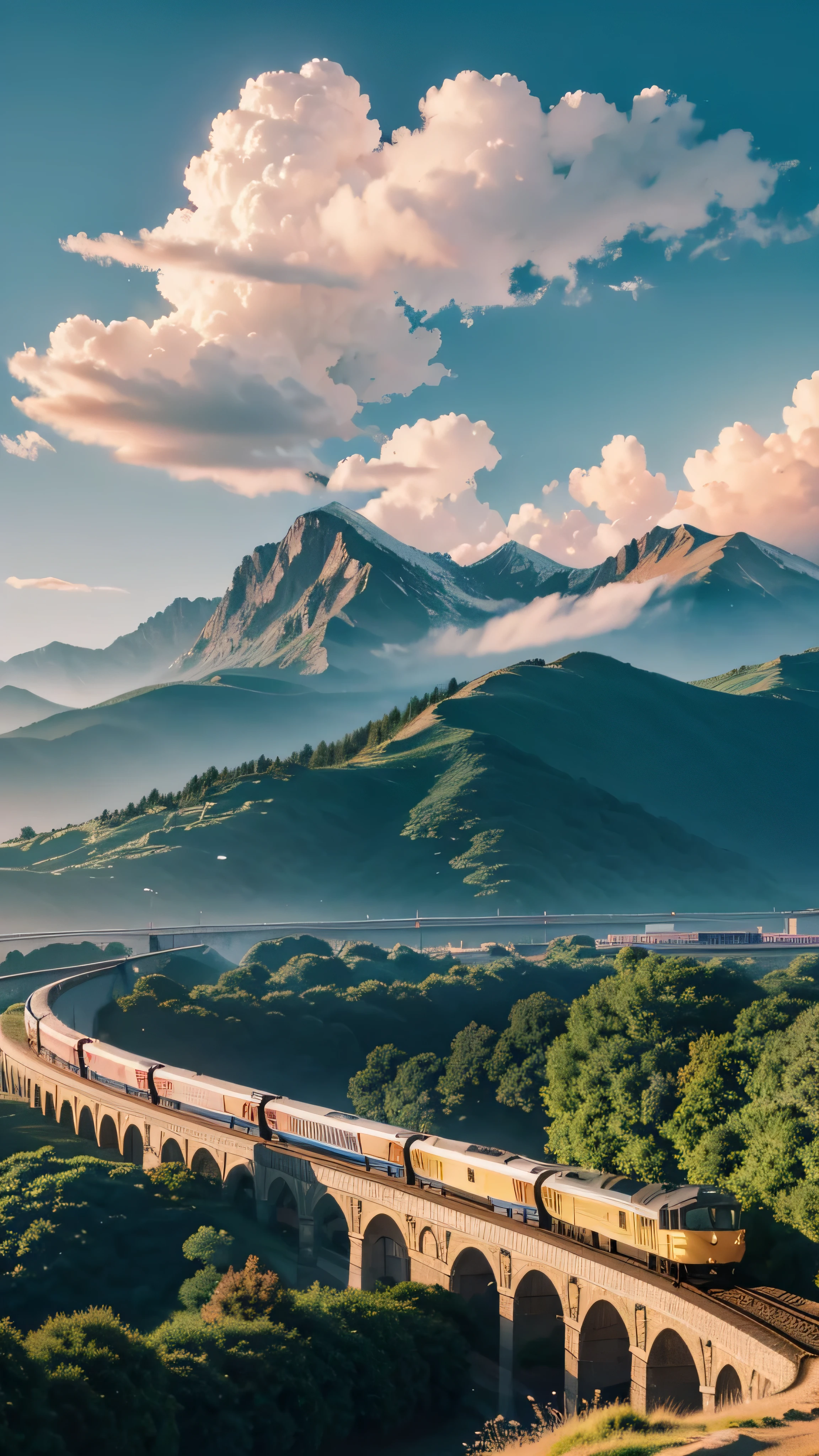 Cartoon train crossing tracks with sky background, Beautiful sight, Beautiful animation, Rich details (Width is 672), high quality, Clarity 4K, Artistic 4K wallpaper, Stunning anime scenery, 8k art wallpaper.