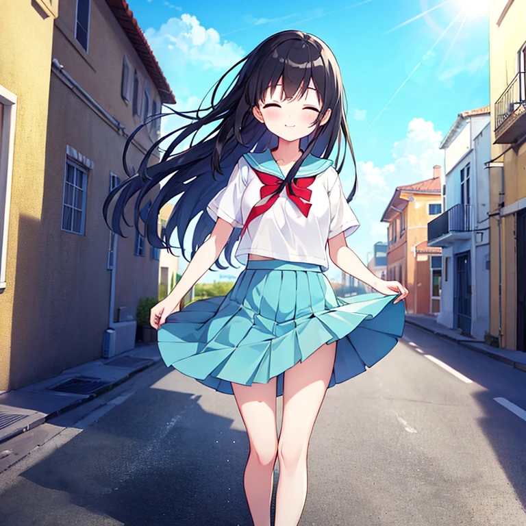absurderes, hight resolution, (Anime style:1.1), ((masutepiece)), ((Best Quality)), (Ultra-detailed), (Beautiful), solo, Beautiful face、(liftup),Cute standing on the street in Mediterranean port city,Wind,of shiny pale black hair, Colorful eyes,Cute summer casual clothes,Blue sky,Closed eyes,Looking at Viewer,Lens Flare,Dramatic, Coastal、(The skirt flutters in the wind:1.3)、A smile