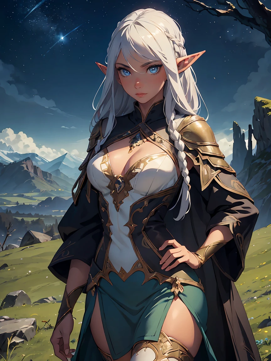 masterpiece, high quality, 1_woman, ((upper body)), ((hand on hip)), standing, (exotic skin_complexion:1.4), mature, (looking away from the viewer), (BLUSHING face), tall, beautiful, exotic, with long elf ears, long hair, silver hair, detailed face, having diamond shaped eyes, blue eyes, (dark_eyeliner), long_eyelashes medium_bust, fantasy clothes, elven clothes, chest window, black thigh highs with embroidery, dynamic lighting casts detailed shadows, mountains in distance, walking path, grassy field, night sky, stars, 