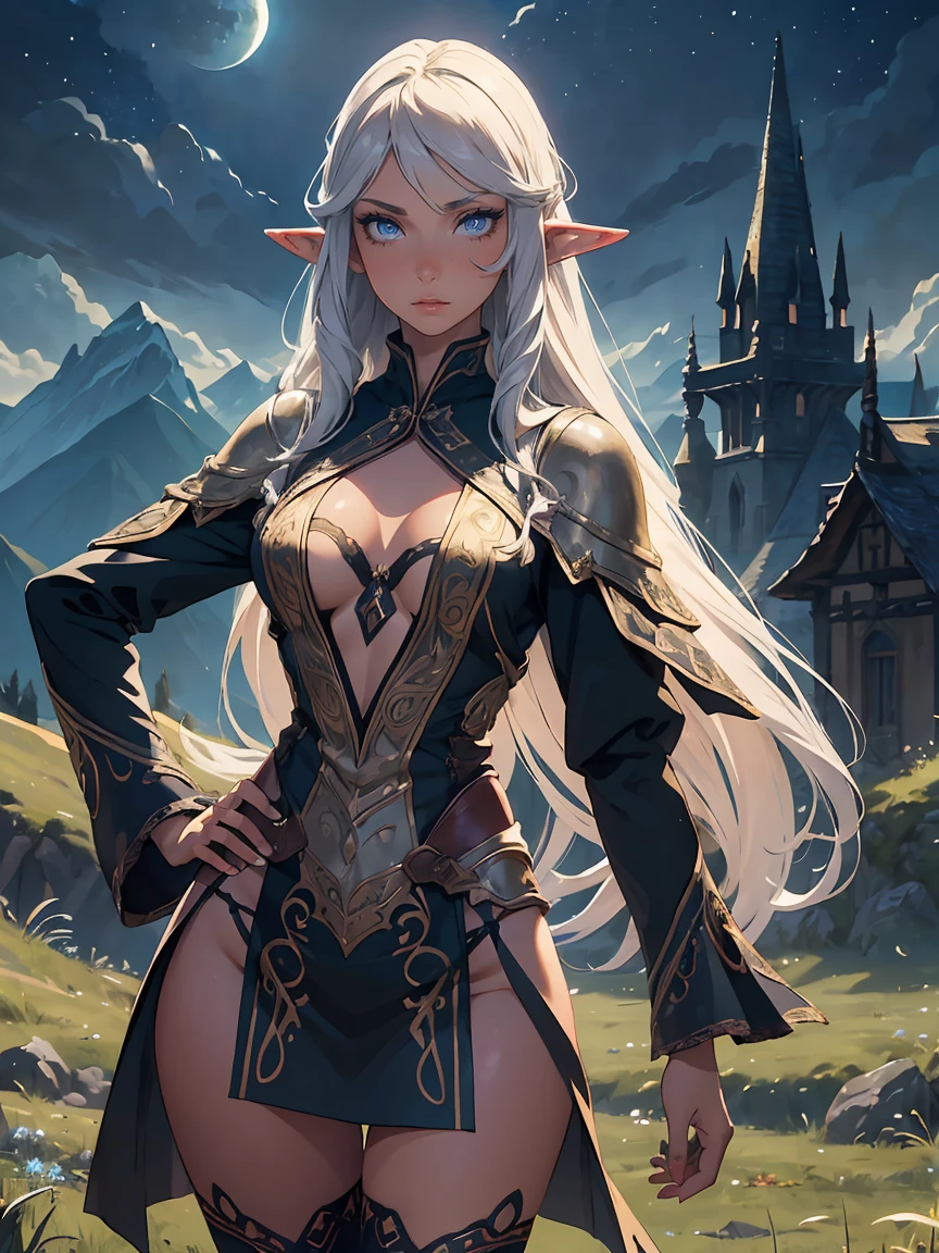 masterpiece, high quality, 1_woman, ((upper body)), ((hand on hip)), standing, (exotic skin_complexion:1.4), mature, (looking away from the viewer), (BLUSHING face), tall, beautiful, exotic, with long elf ears, long hair, silver hair, detailed face, having diamond shaped eyes, blue eyes, (dark_eyeliner), long_eyelashes medium_bust, fantasy clothes, elven clothes, chest window, black thigh highs with embroidery, dynamic lighting casts detailed shadows, mountains in distance, walking path, grassy field, night sky, stars,