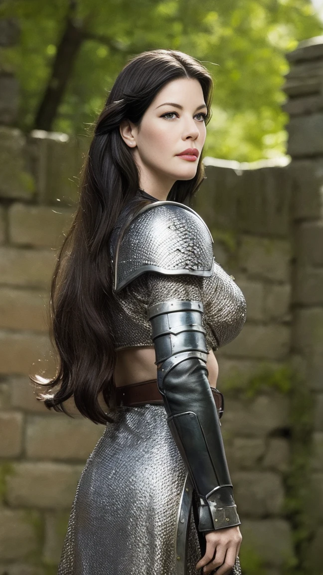 Liv Tyler, (masterpiece, best quality), intricate details, 1girl, guard, town guard, armor, pauldrons, chainmail, village, castle wall, 