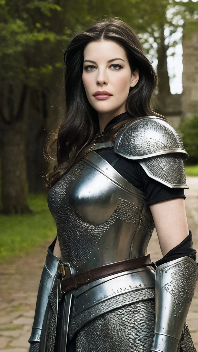 Liv Tyler, (masterpiece, best quality), intricate details, 1girl, guard, town guard, armor, pauldrons, chainmail, village, castle wall, 