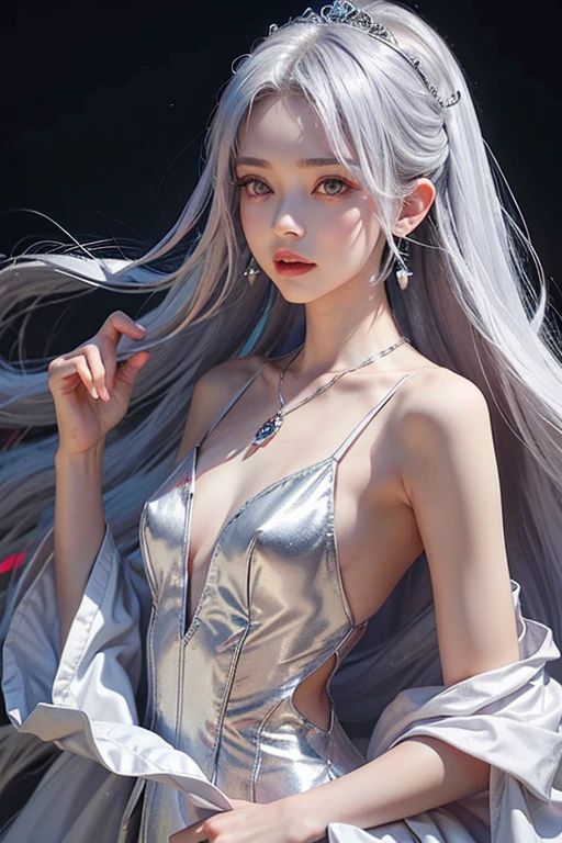 、woman、whole body、Evil Face, Red eyes, Iris,Silver Hair、Summit、White Wedding Dress、Long Hair、whole body、Shoulders stick out、tiara、Small breasts、Earrings、necklace