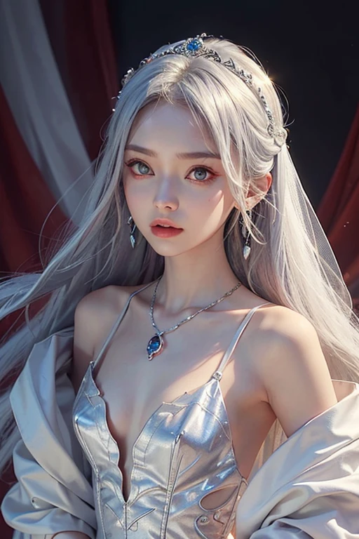 、woman、whole body、Evil Face, Red eyes, Iris,Silver Hair、Summit、White Wedding Dress、Long Hair、whole body、Shoulders stick out、tiara、Small breasts、Earrings、necklace