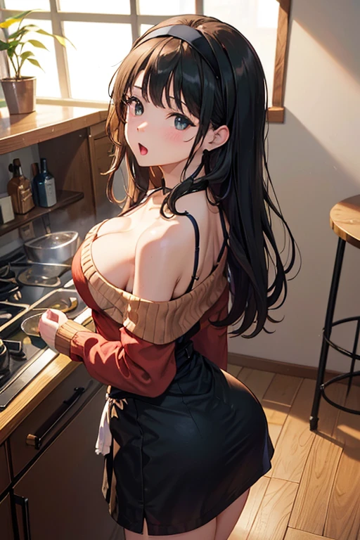 (from above:1.0),(from side:0.9),masterpiece, 1girl, Amazing Cleavage:1.1, thin waist, big ass, Raised sexy, small breast: 1.3, posed cleavage:1.2、solo, looking at viewer, open mouth, have a cute grass of cute beergrass,black hair, dark green eyes, dress, bare shoulders, jewelry, collarbone, sidelocks, hairband, earrings, indoors, off shoulder, :o, sweater, arms behind back, plant, short hair with long locks, gild hairband, off-shoulder dress, sweater dress, off-shoulder sweater, red sweater, dark gord hair, big side hair, very long side hair,is rendered in (masterpiece: 1.2, best quality), with (ultra high resolution) and an exquisite (depth of field). This masterpiece is not only visually stunning but also tells,A scene of cooking in the kitchen by classroom