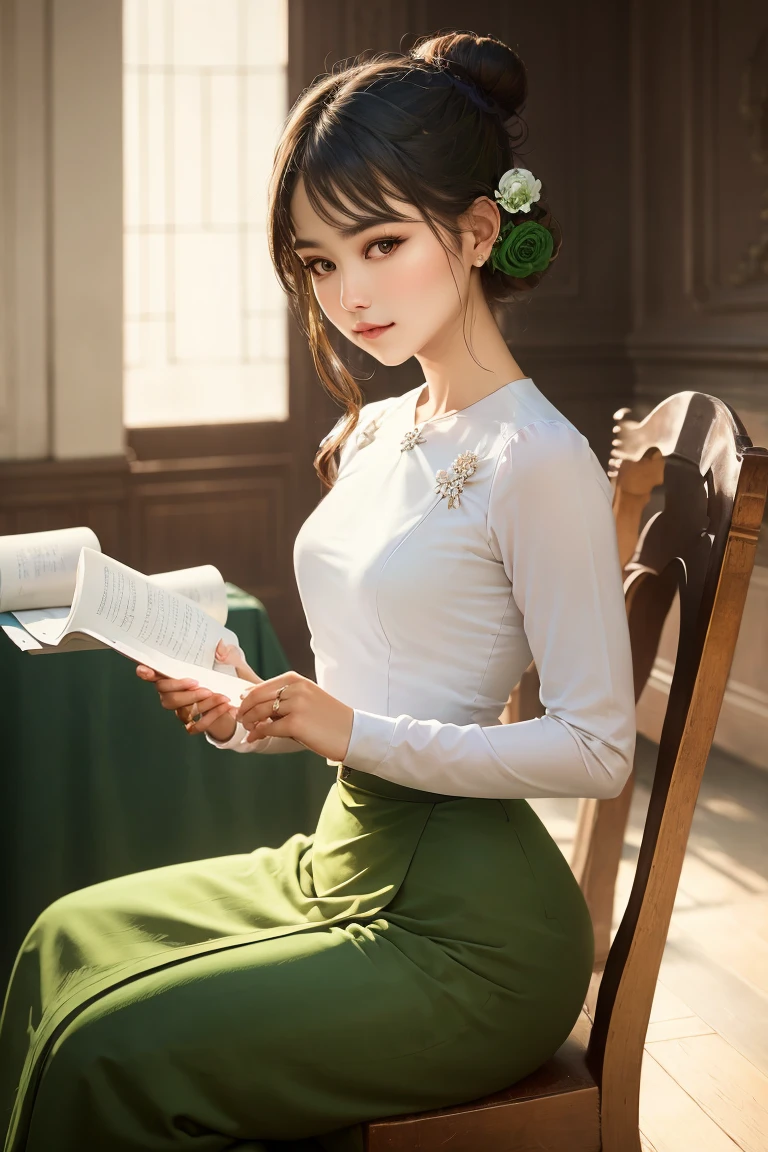 A mesmerizing portrait of an elegant woman with a graceful hair bun adorned with a delicate jasmine flower, captivating the viewer with her enchanting gaze amidst the serene ambiance of a grand library. Masterfully crafted, high-resolution digital painting showcases intricate details and evokes a sense of timeless beauty and intelligence. The warm lighting highlights her features, accentuating the delicate contours of her face, while the soft background adds depth to the composition. An exquisite masterpiece worthy of admiration, (wearing acmmsayarma outfit, acmmsayarma white top with buttons, long sleeves), ((acmmsayarma green long skirt))