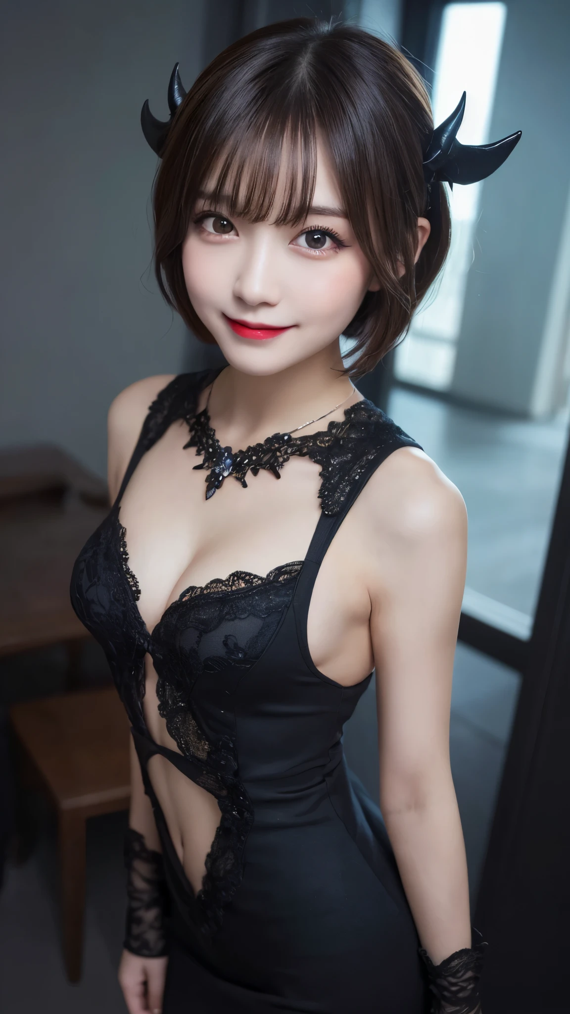 highest quality, shape, Very detailed, In detail, High resolution, 8k wallpaper, Perfect dynamic composition, Beautiful details, dress,(Very short hair), Center of chest, Natural color lip, Random sexy poses,smile,Woman with perfect body,Little devil succubus