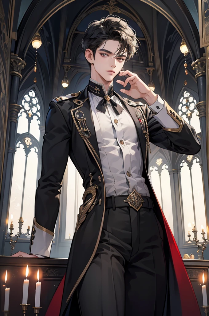 ((Best quality)), ((masterpiece)), (detailed), ((perfect face)), ((halfbody)) perfect proportions ,He is a handsome student, 18 years old, short hair, topless in uniform, there is a background of a school gothic room with lit candles, gnostic vibe ((perfect face))