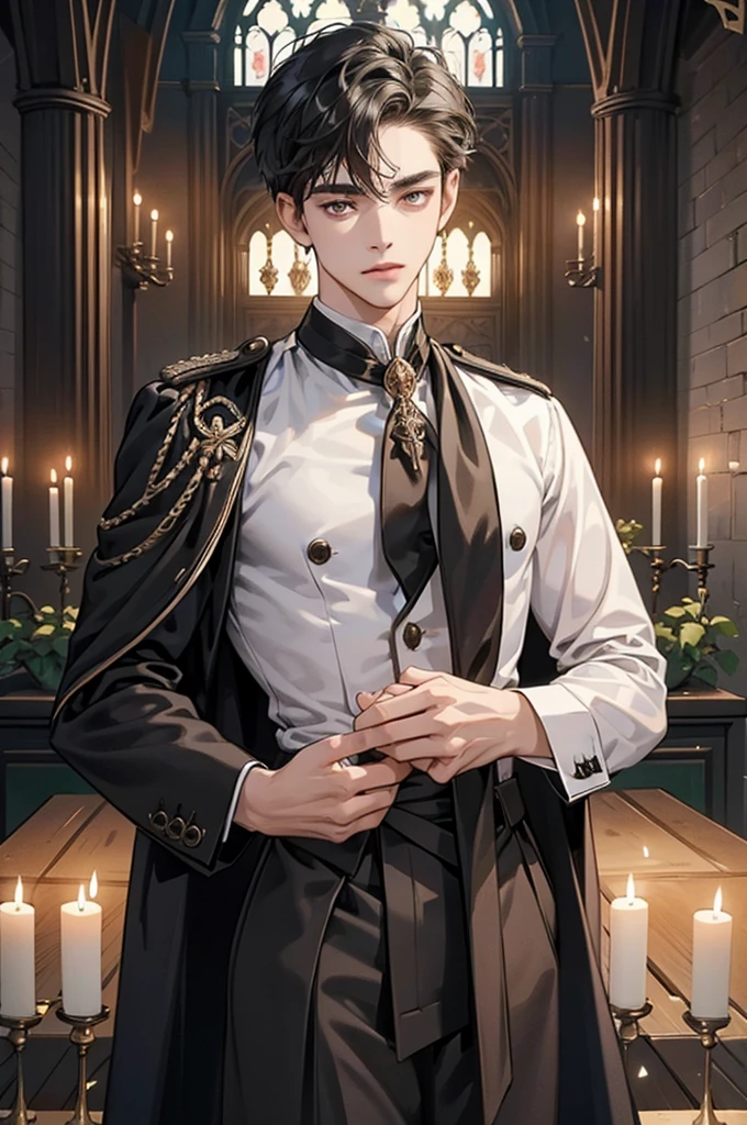 ((Best quality)), ((masterpiece)), (detailed), ((perfect face)), ((halfbody)) perfect proportions ,He is a handsome student, 18 years old, short hair, topless in uniform, there is a background of a school gothic room with lit candles, gnostic vibe ((perfect face))