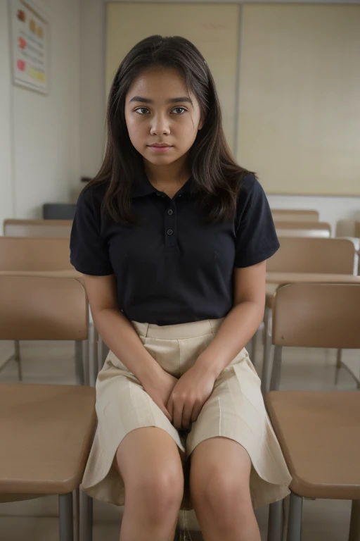 A teen girl with a Indonesia face, approximately 16 years old, is depicted in an classroom setting, sitting on the bed. She is wearing skirt and uniform. The girl can be seen in the process of peeing. (urination:1.5).